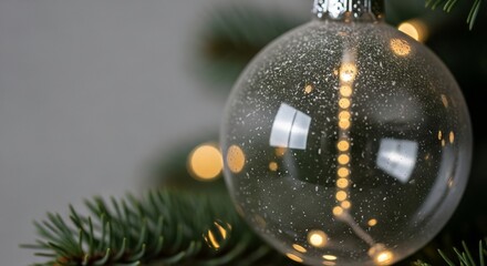Glass ornament with white specks hangs on a Christmas tree branch illuminated by string lights