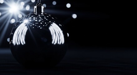 Gleaming silver Christmas bauble with lens flare set against a dark bokehlit backdrop