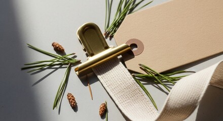Gold clip secures a beige ribbon and tag amid pine needles and cones on a gray surface under sunlit shadows