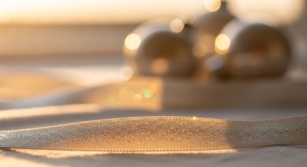 Gold ribbon with glitter lies beneath blurred gold ornaments set on a soft light surface
