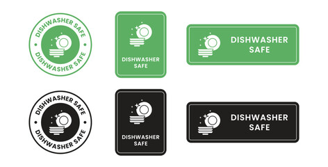 Dishwasher safe design badge, dishwasher green stamp. Symbol, outline icon, tag, badge, label, circle, green white vector round isolated on transparent background.