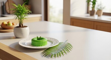Green cake sits on plate with leaf next to plant on white counter in a kitchen
