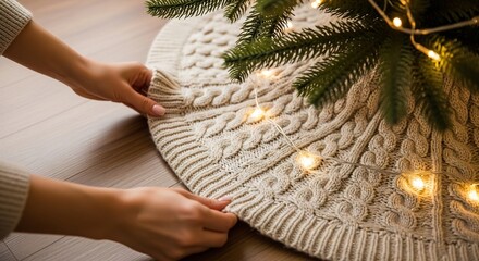 Hands arranging a knit Christmas tree skirt with lights under evergreen boughs