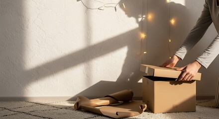 Hands closing a cardboard box next to crumpled wrapping paper against a textured wall with string lights