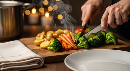 Hands cutting broccoli on a board with potatoes carrots and a pot nearby