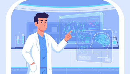 A scientist in a white lab coat points to a futuristic holographic display showing brain scans, vital signs, and data analysis, representing advanced medical research and technology in a modern