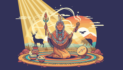 Elderly Native American woman performing a spiritual healing ritual, holding sacred objects, surrounded by symbols of nature and tradition, with a vibrant sunset and mountainous landscape in the