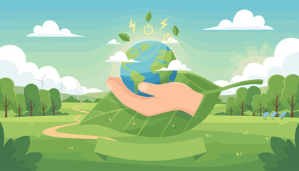 Vibrant illustration of a hand cradling the Earth on a large green leaf, symbolizing environmental protection and sustainable energy, with wind turbines and solar panels in the background under a