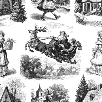 Seamless vector pattern with traditional European Christmas scenes. Vintage engraving or ink drawing style vector illustration.