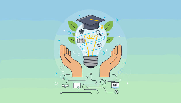 Conceptual illustration of e-learning and graduate certificate programs, featuring a light bulb filled with educational icons like a brain, book, magnifying glass, and graduation cap, held by hands