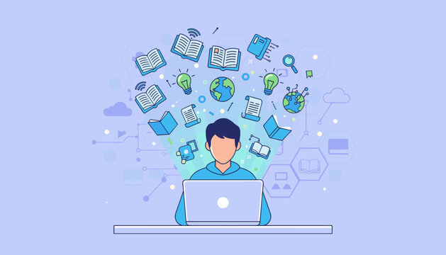 Vivid illustration of a person using a laptop with a stream of virtual educational content flowing out, including books, globes, lightbulbs, and documents, representing online learning and digital