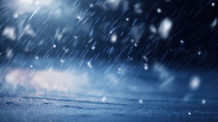 precipitation. Softly falling snowflakes in a winter scene with a cool blue atmospheric glow. travel magazines, destination branding, designed for outdoor magazines and nature guides.