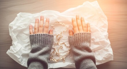 Hands in gray sleeves rest on crumpled paper with brown shredded filler lit by a warm light