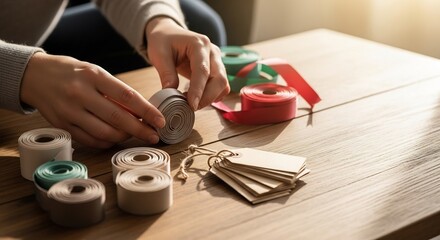 Hands manipulate a grey ribbon roll amid crafting materials ribbons tags on a wooden table with sunlight