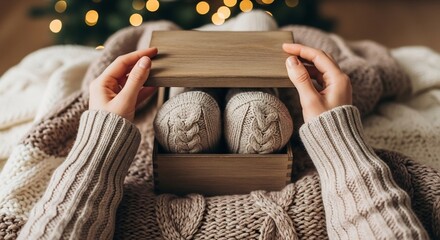 Hands open a wooden box with knit socks Cozy setting with sweaters and Christmas lights