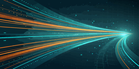 Abstract lines converging with light at the end of a dark tunnel creating a sense of speed and motion