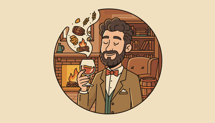A distinguished gentleman with a beard and bowtie savors a glass of amber liquid, contemplating the rich aromas of whisky or bourbon, including oak barrels, grains, and a crackling fireplace, evoking