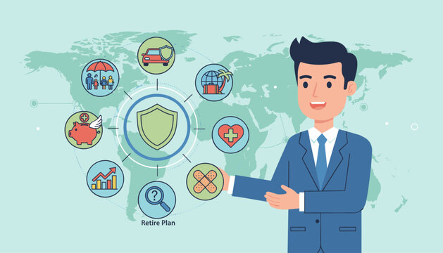 Business man presenting a comprehensive online insurance and protection concept, featuring icons for family, car, travel, health, savings, and retirement planning against a world map background
