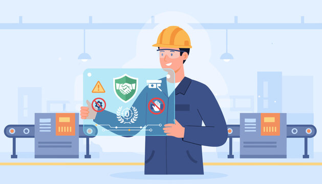 A smiling factory worker in a hard hat and safety glasses holds a transparent futuristic screen displaying safety icons like a shield with shaking hands, a warning sign, a thumbs up with a gear
