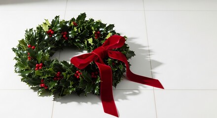 Holly wreath adorned with a red velvet bow on a tiled surface