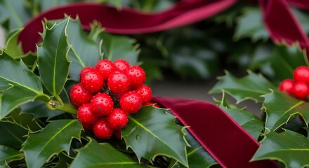 Holly wreath detail shiny berries spiky green leaves  red velvet ribbon