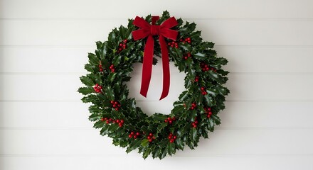 Holly wreath with a red bow on a white wall