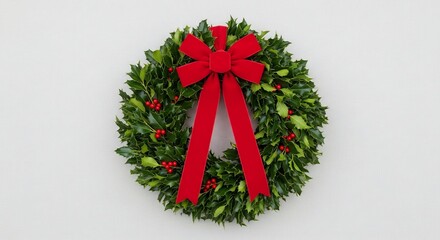 Holly wreath with a large red bow berries scattered center view on a light background