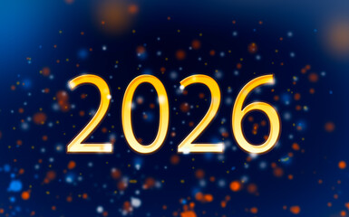 card or banner to wish a happy new year 2026 in gold the 0 is a clock with gold colored glitter in bokeh effect on a blue background