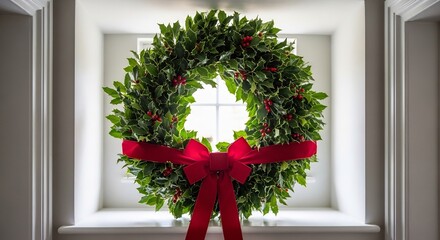 Holly wreath adorns a window featuring a red bow amidst green leaves and berries