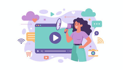 Vivid illustration of a woman holding a megaphone, promoting a video marketing campaign with a play button on a screen, surrounded by social media icons, clouds, and digital elements, representing