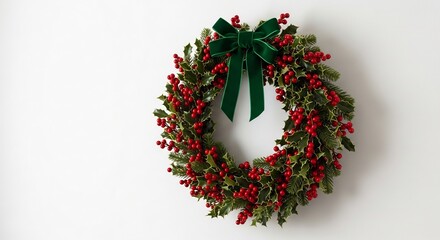 Holly wreath with red berries and a green velvet bow on a white background