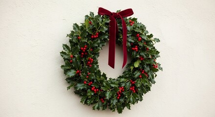 Holly wreath with red berries a red velvet bow hangs on a light beige wall