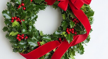 Holly wreath with red berries and a red ribbon on a white background