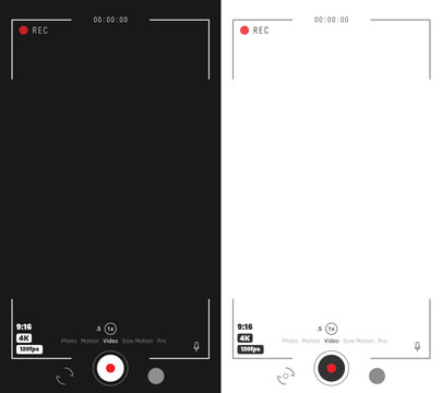 Phone video and photo camera vertical overlay. 16:9 template. Full hd or 4k format for smart phone. Camera frame vector template. Black lines and text on white, and white lines on black background.
