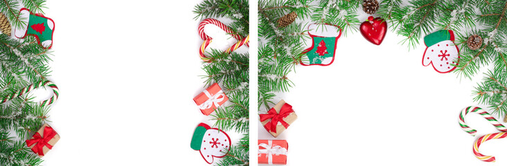 Christmas Frame of Fir tree branch with snow isolated on white background with copy space for your text. Top view