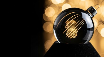 Illuminated glass ornament with an etched design resting on a black base against bokeh lights