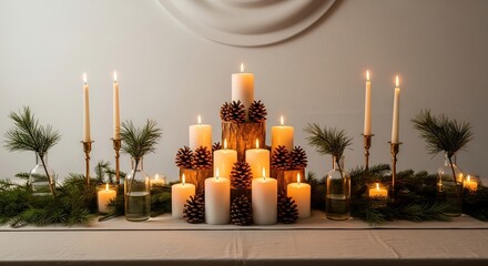 Illuminated candles pinecones  greenery adorn a draped surface evoking winter ambiance