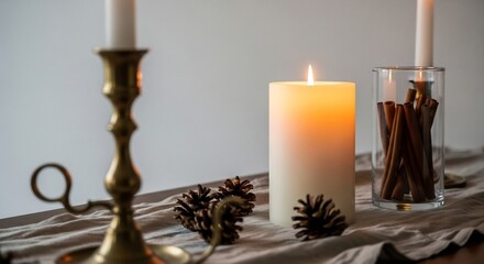 Interior tabletop scene with a lit pillar candle two pine cones cinnamon sticks in glass and brass candlestick with white candle