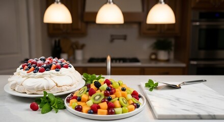 Kitchen scene with pavlova topped with berries and a fruit salad featuring melon berries and kiwi on a marble countertop