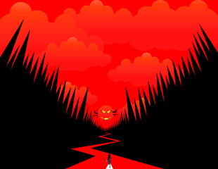 Red sky, spooky dark forest landscape. A woman running in a terrifying dark forest.