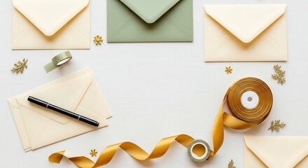 Letters  stationery on a white surface with golden ribbon and embellishments