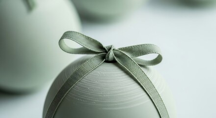 Lightgreen spherical vase with a tied ribbon in focus set against other spherical objects and a white background