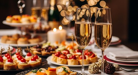 Naklejka premium Photo of elegant table setting with champagne flutes and festive appetizers, illuminated by warm bokeh lights, perfect for celebrations and special occasions