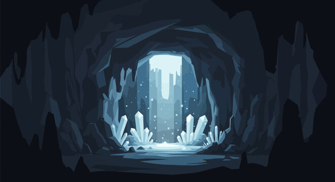 Mysterious cavern illuminated by ethereal light and crystalline formations.