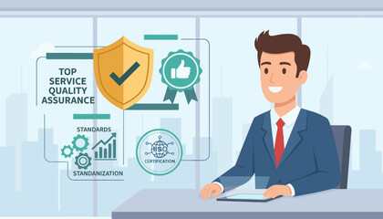 Smiling businessman in a suit sitting at a desk with a tablet, surrounded by icons representing top service quality assurance, ISO certification, standards, and standardization, symbolizing business
