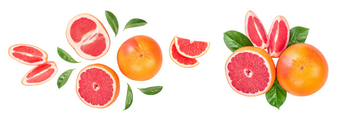 Grapefruit and slices with leaves isolated on white background. Top view. Flat lay. With  full depth of field
