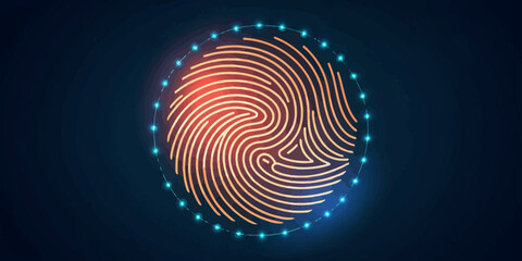 Glowing fingerprint surrounded by a ring of blue lights on a dark blue gradient background