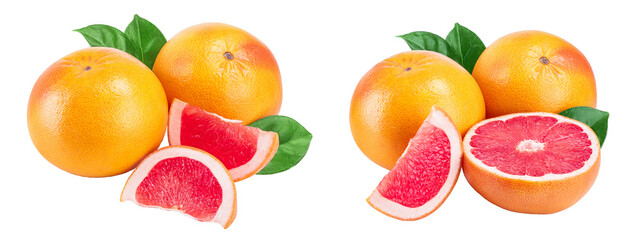 grapefruit and slice with leaves isolated on white background