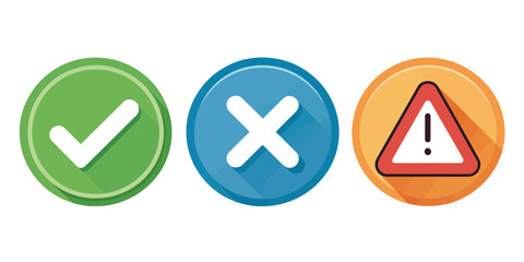 Three circular icons representing approval rejection and warning signals in a row against white