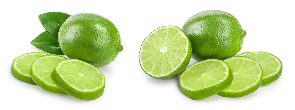 lime with slices and leaf isolated on white background